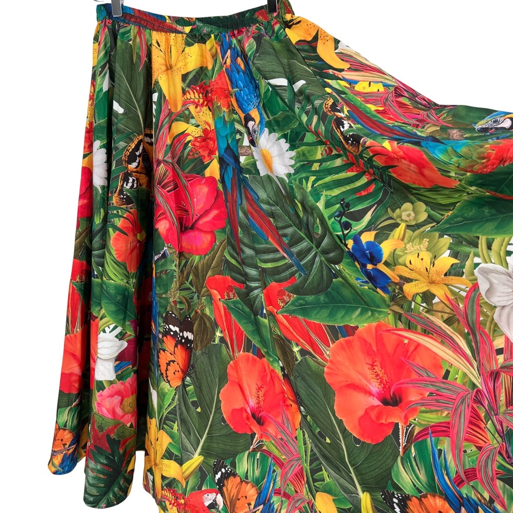 Rachel Zoe Tropical Full Long Skirt Circle Hawaii Parrots Paradise Swirly Size L